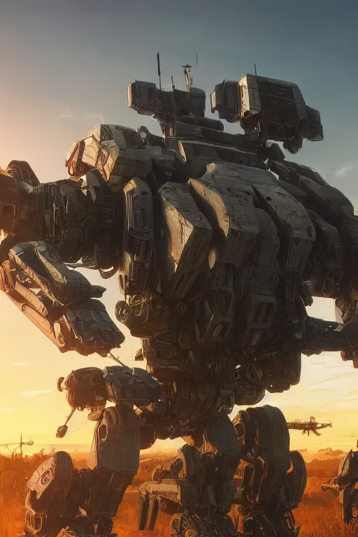 Prompt: A realistic photo of a huge Mechwarrior, a sunset in the distance, by Josan Gonzalez, Yoji Shinkawa and Geof Darrow, highly detailed, Unreal Engine Render, 3D, 8k wallpaper, uplight