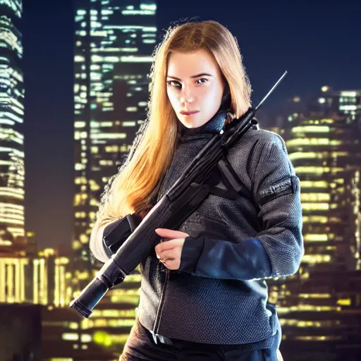 Image similar to photographic portrait of a techwear woman holding a shotgun, closeup, on the rooftop of a futuristic city at night, sigma 85mm f/1.4, 4k, depth of field, high resolution, 4k, 8k, hd, full color, Die Hard, movies with guns, movie firearms