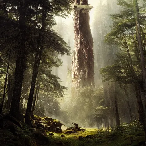 Image similar to a giant creature towering over the forest, 8 k octane beautifully detailed render, post - processing, extremely hyper - detailed, intricate, epic composition, cinematic lighting, masterpiece, trending on artstation, masterpiece, stunning art by anders zorn, wonderful masterpiece by greg rutkowski, beautiful cinematic