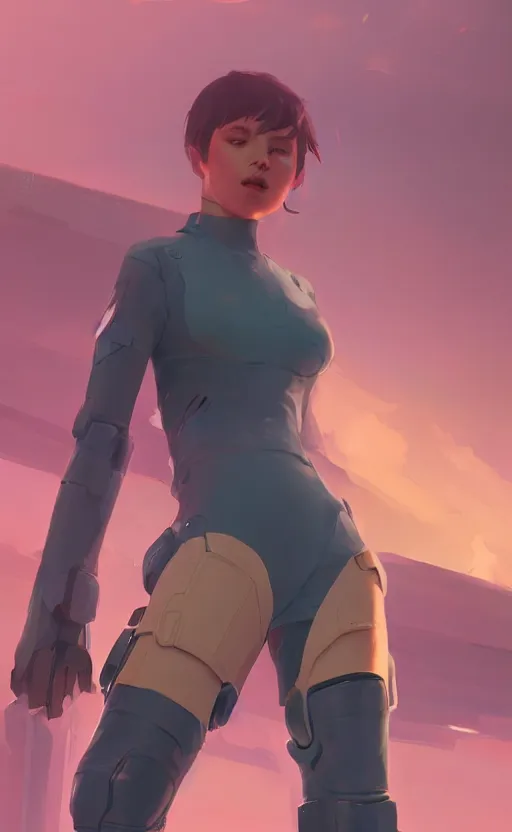 Prompt: sci fi female character, muted colored bodysuit, sci-fi large mech boots that go up to the thigh, thick mechanical leg accessory, soft lighting, wojtek fus, by Makoto Shinkai and Ilya Kuvshinov,