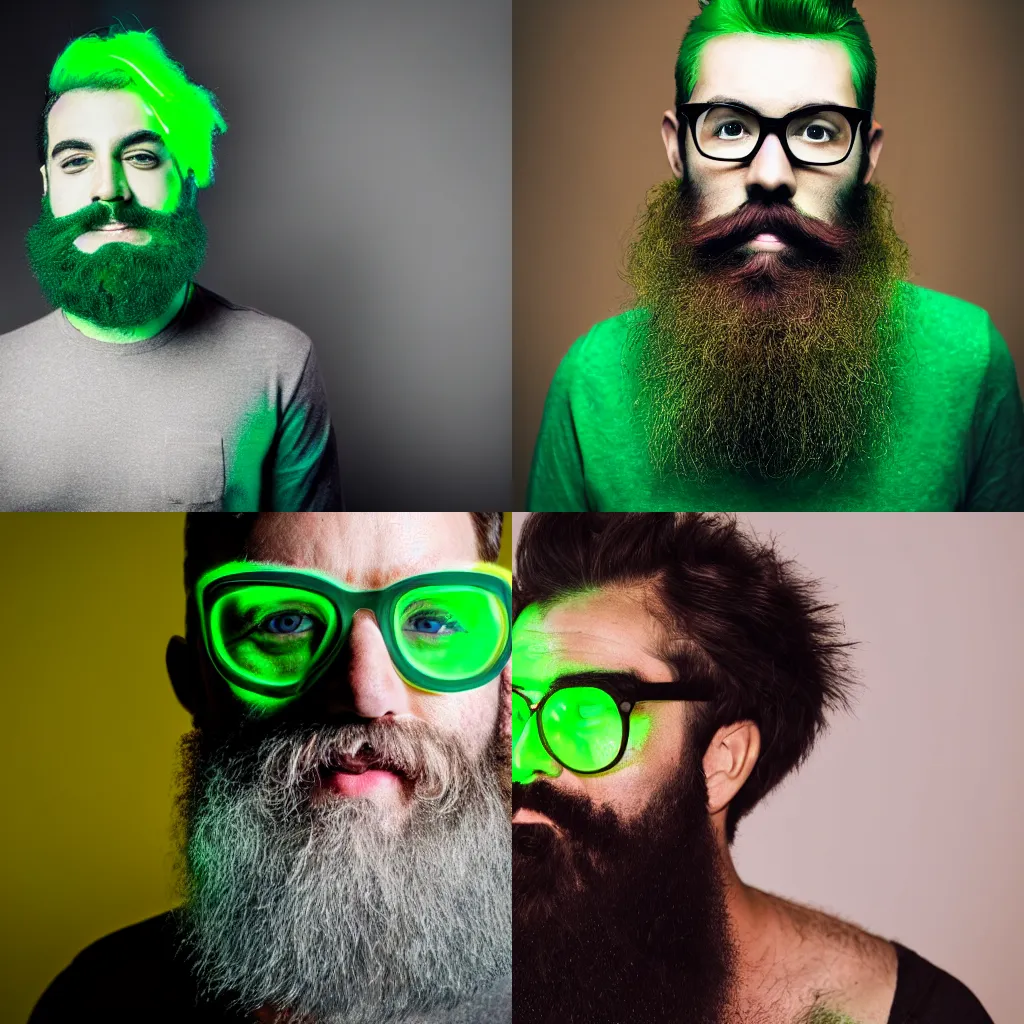 Prompt: a DSLR photo portrait of a hirsute man with a neon green beard