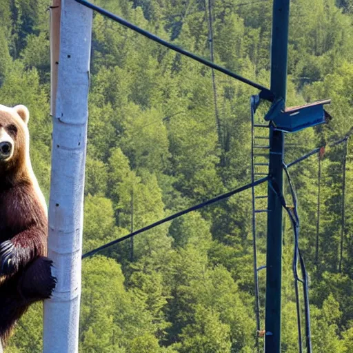 Image similar to the bear sits on a high pole and repairs high-voltage wires. High-resolution photo.