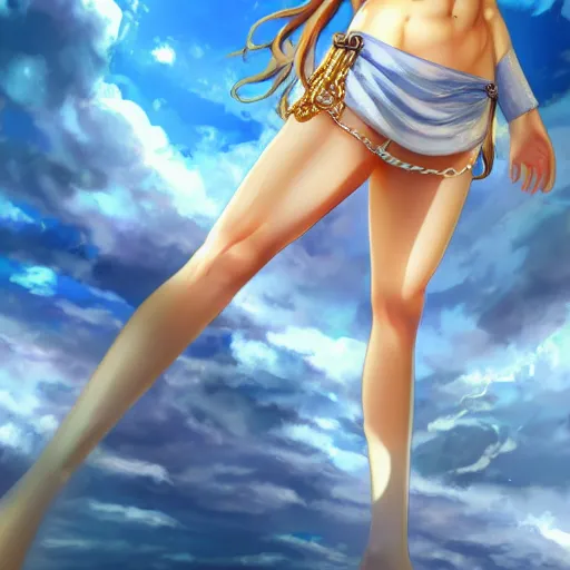 Prompt: full body shot : a very beautiful young blond anime girl imprisoned by golden chains, sky blue eyes,, tattoo, bikini, miniskirt, highly detailed, cinematic wallpaper by stanley artgerm lau