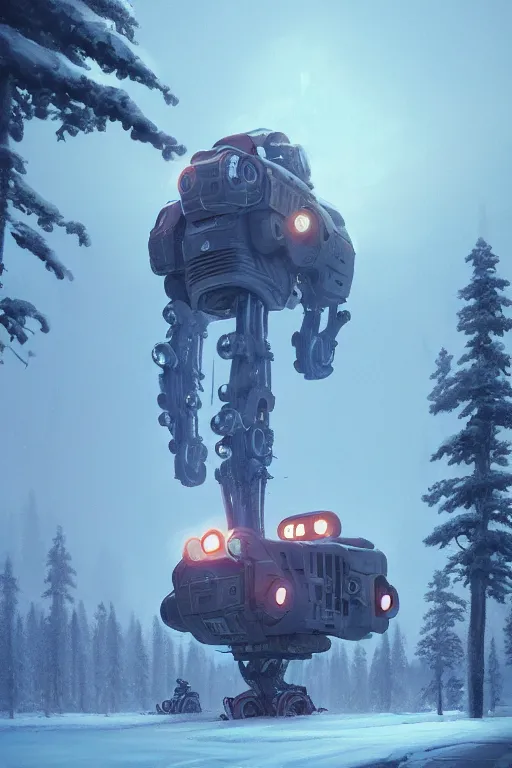 Image similar to mech at snow in finland, highly detailed, scifi, fantasy, highly detailed, digital painting, trending on artstation, concept art, sharp focus, illustration, global illumination, shaded, art by simon stalenhag