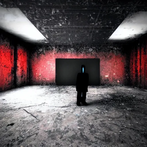 Image similar to cctv of an extremely dark empty abandoned building with glowing humanoid cryptid made out of television static, dark deep black shadows, red and black color contrast in the style of trevor henderson and james ensor goya, liminal space, 3 d octane render, glitch effect