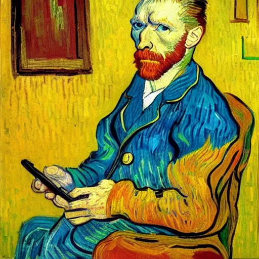 Prompt: a vivid self portrait of van Gogh, holding a smartphone, oil on canvas, trending on artstation