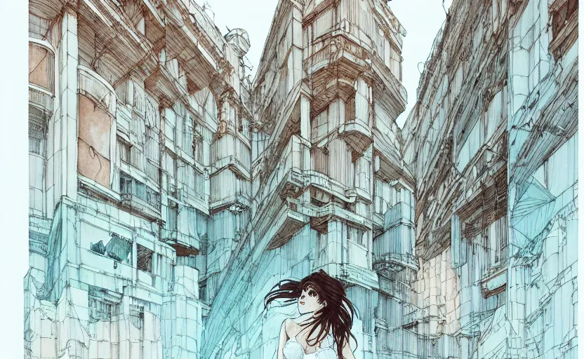 Image similar to lost city by kaethe butcher, dynamic lighting, gradient light blue, brown, blonde cream and white color scheme, grunge aesthetic