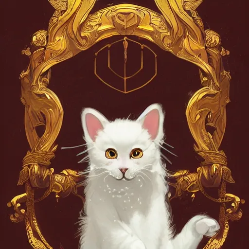 Image similar to A cute heraldic white kitty cat queen posing with one paw waving, D&D, fantasy, intricate, cinematic lighting, highly detailed, digital painting, artstation, concept art, smooth, sharp focus, illustration, art by Akihiko Yoshida, Greg Rutkowski and Alphonse Mucha