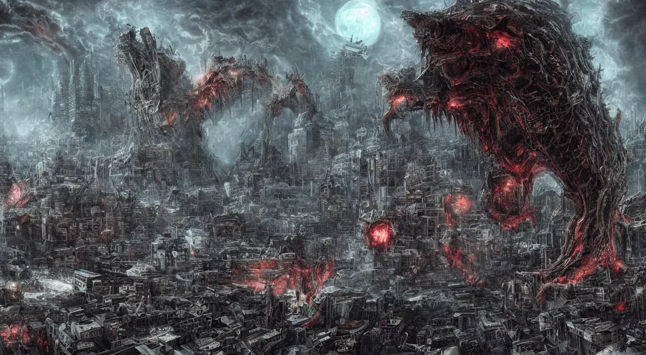 Image similar to a cosmic horror monster devouring an entire city, large scale, eerie, mixed media, digital art, trending on artstation, 8k, epic composition, highly detailed, AAA graphics