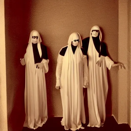 Prompt: nightmare vision, black and white, award winning photo, levitating twin nuns, wearing translucent sheet, in a sanctuary, hallways, eerie, frightening —width 1024 —height 1024