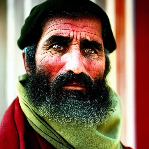 Image similar to portrait of president martin ban biden as afghan man, green eyes and red scarf looking intently, photograph by steve mccurry