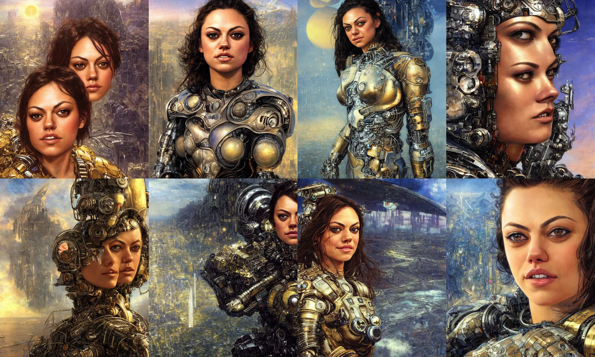 Image similar to close - up portrait of epic young mila kunis smiling into camera, intricate cyborg armor, vista of futuristic city, windy, golden hour, wlop, by gerald brom, by mikhail vrubel, by peter elson, muted colors, extreme detail, trending on artstation