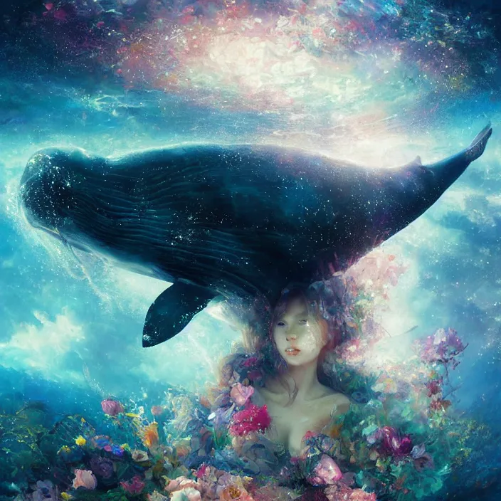 Prompt: glimmering whale, flowing dress, flowers, cosmos, milky way galaxy, swirling, dancing, golden hour, god rays, coral reef, dreamscape by artgerm and ruan jia and ismail inceoglu and greg olsen, masterpiece, beautiful, intricate, elegant, highly detailed