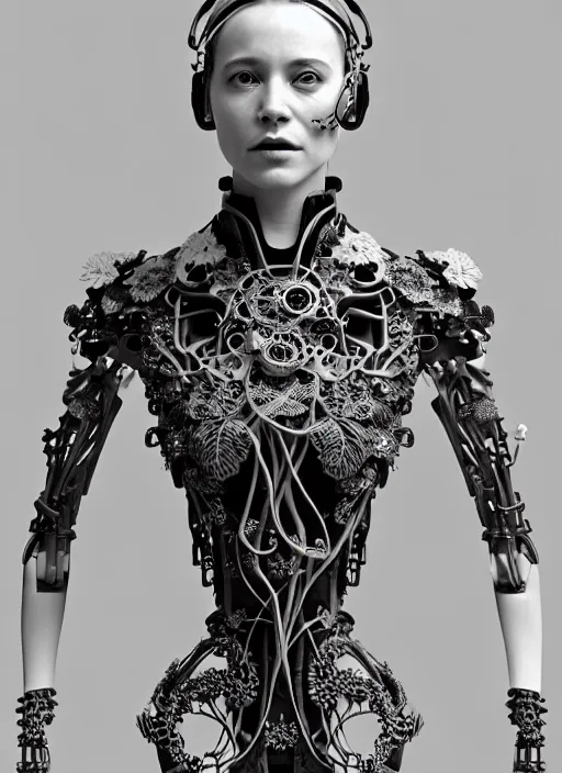 Prompt: monochrome 3 d model, biomechanical young female cyborg with porcelain profile face and a big floral eye, big leaves foliage and stems, hibiscus flowers, boho floral vines, sinuous fine roots, fine filigree foliage lace, alexander mcqueen, rim light, art nouveau fashion pearl embroidered collar, steampunk, redshift render, 8 k