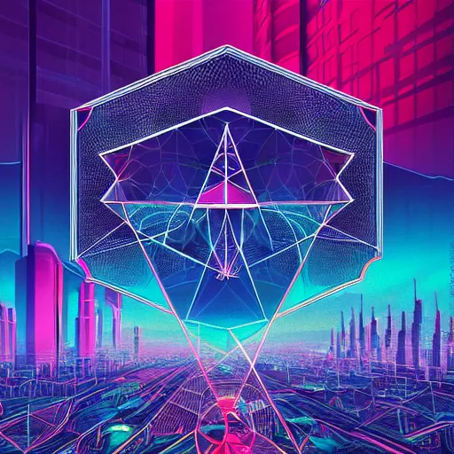 Image similar to matte painting of the sacred geometry of cyberpunk, brilliant colors, extremely detailed, very very detailed, in the style of alena aenami by Alex grey, HD, 4k, 8k