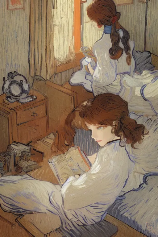 Image similar to a girl in a jk uniform outfit in the bedroom reading a book in a night, raining outside the window, grey and orange theme ， wavy white long hair, by krenz cushart and mucha and akihito yoshida and greg rutkowski and vincent van gogh and monet, detailed eyes, 4 k resolution