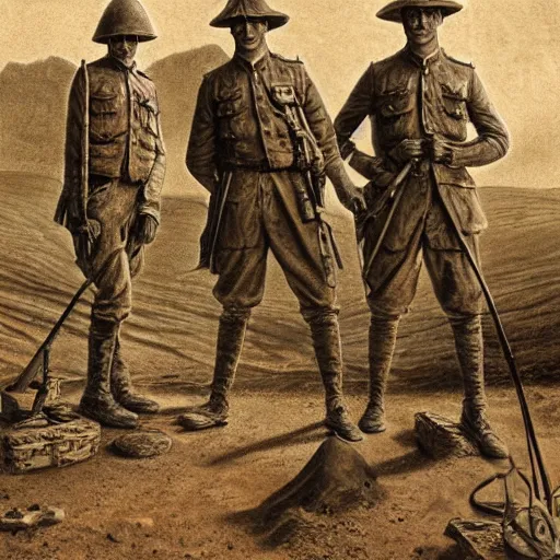 Image similar to ultra detailed photorealistic sepia - toned painting from 1 9 1 7, three british soldiers standing at an archaeological dig site in wadi rum, ultra realistic, painted, intricate details, lovecraft, atmospheric, dark, horror, brooding, highly detailed, by clyde caldwell