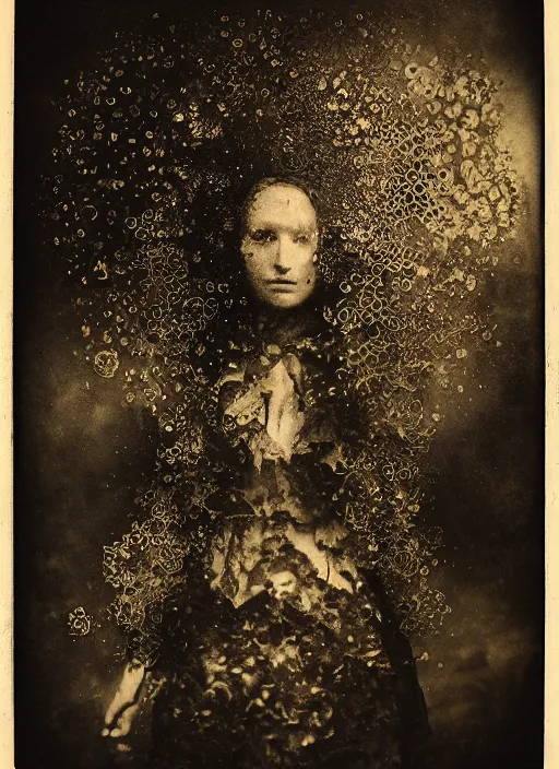 Image similar to old wetplate daguerreotype portrait explosion of data fragments, fractal, intricate, elegant, highly detailed, parallax, leica, medium format, subsurface scattering, by jheronimus bosch and greg rutkowski and louis jacques mande daguerre