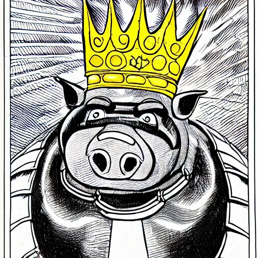 Image similar to detailed lineart comic book drawing of grinning pig wearing a gold crown flying with a cape in the style of jim lee