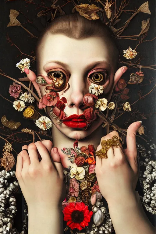 Prompt: Detailed maximalist portrait with large lips and with large white eyes, angry, exasperated expression, extra fleshy hands, high fashion, botany, HD mixed media, 3D collage, highly detailed and intricate, surreal illustration in the style of Caravaggio, dark art, baroque