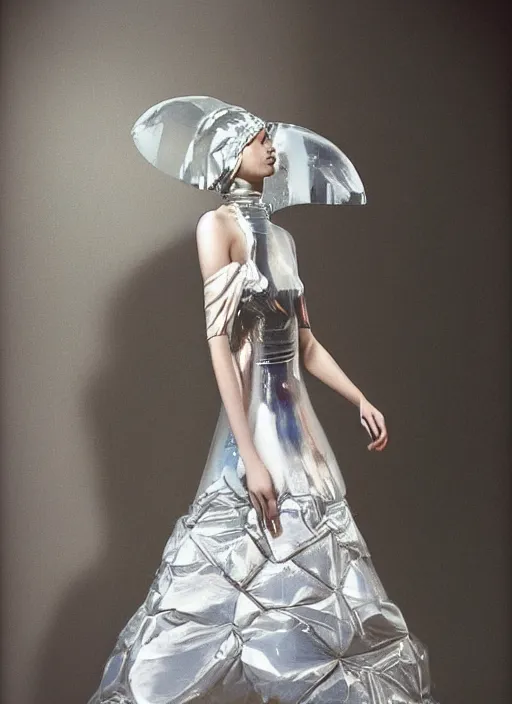 Image similar to an early 0 0's aesthetic digital portrait of a futuristic beautiful russian girl detailed features wearing a latex wedding dress with a puffy skirt designed by balenciaga and issey miyake by ichiro tanida and armin vit