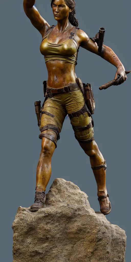 Image similar to detailed photo of an old bronze patina statue of beautiful lara croft, full body portrait, photorealism, intricate detail, museum diffuse lighting