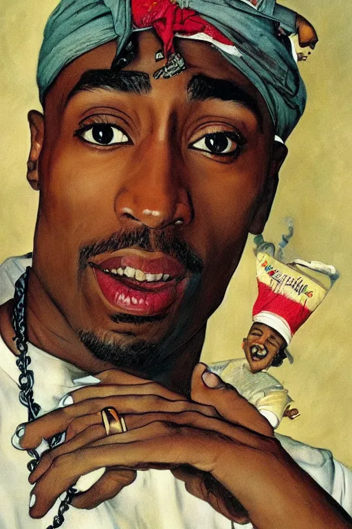 Image similar to Tupac, illustrated in whimsical style, Illustration by Norman Rockwell, loish, oil painting,