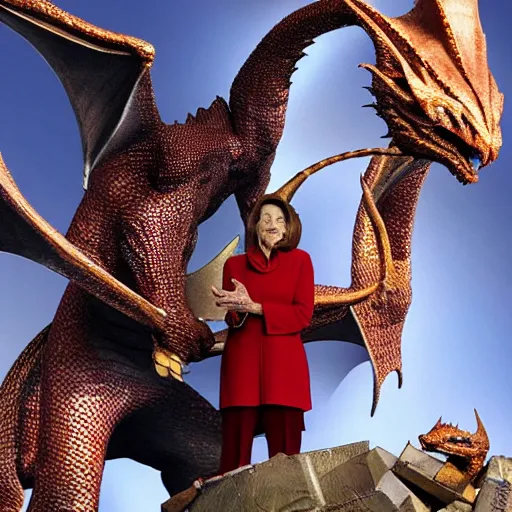 Image similar to Smaug the dragon from the Hobbit movies with the head of Nancy Pelosi, guarding her pile of treasure