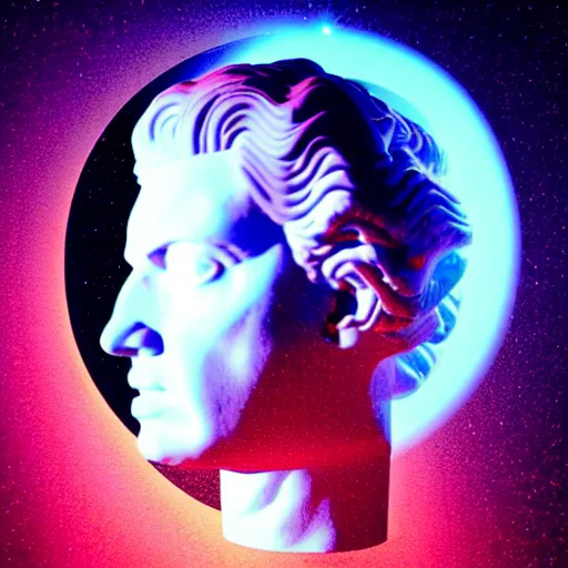 Image similar to 3 d sci - fi cgartist double exposure ambient occlusion rendering of a hyper realistic marble greek statuary bust floating in space, at the vast pulsating interdimensional fractal space portal at the psychedelic vaporwave ombre event horizon by chris moore, by edward hopper, by col price, trending on artstation