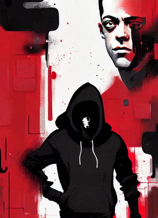 Image similar to highly detailed closeup portrait of downbeat rami malek, elliot alderson, black hoody by atey ghailan, by greg rutkowski, by greg tocchini, by james gilleard, by joe fenton, by kaethe butcher, gradient red, black and white color scheme, grunge aesthetic!!! ( ( graffiti tag wall background ) )