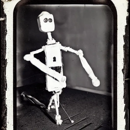 Image similar to alive, creepy marionette puppet, clockwork horror, pediophobia, lost photograph,, dark, forgotten, final photo found before disaster, polaroid,