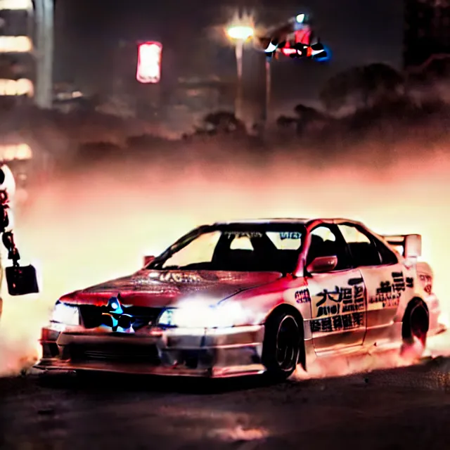 Prompt: toyota jzx 1 0 0 illegal drift car with robot woman approaching, detailed wheels, shibuya prefecture, cinematic lighting, fog mist smoke, photorealistic, night photography, octane render by tomino - sama