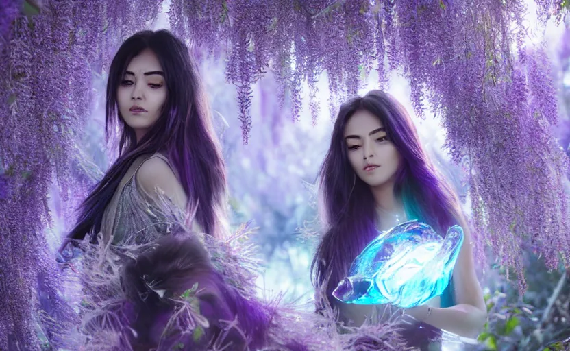 Image similar to beautiful Himalayan woman with purple cat-eyes, silver hair and black hair split, glowing crystals on the ground, somber, scene of a summer forest with glowing blue wisteria , 8k hdr pixiv dslr photo by Makoto Shinkai and Wojtek Fus