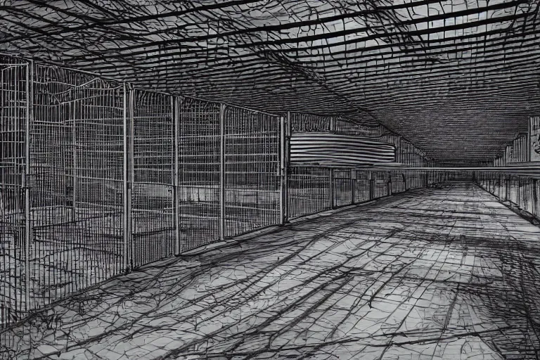 Image similar to very empty very dark cargo hall and large corridors of huge huge space ship containing rows of cages with strange animals ultra detailed photorealistic rendering chiaroscuro painting