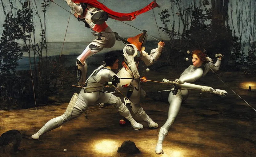 Image similar to a fencing match on the moon by edgar maxence and caravaggio and michael whelan and delacroix style, artistic, intricate painting, cinematic lighting, hyper realistic, extremely detailed, establishing shot, 8 k resolution, dramatic lighting