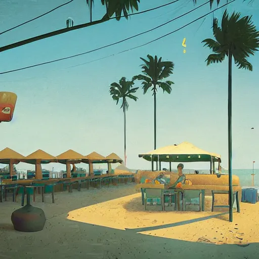 Image similar to inside restaurant at the beach with palm trees by simon stalenhag