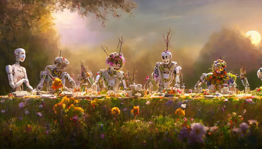 Image similar to a table dinner of humanoid robots where robots are dressed like the characters from the midsommar movie wearing flowers, realistic detailed digital art by maxwell boas jessica rossier christian dimitrov anton fadeev trending on artstation cgsociety rendered in unreal engine 4 k hq