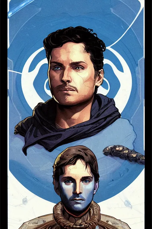 Image similar to frank herbert's dune themed majestic paul atreides blue eyed fremen prophet sketch by sachin teng, moebius, artgerm, alphonse mucha, masterpiece, intricate organic painting, matte painting, futuristic geometrical drawing shapes, desert ambience, hard edges, cinematic character art movie poster by drew struzan, graffiti, street art by sachin teng