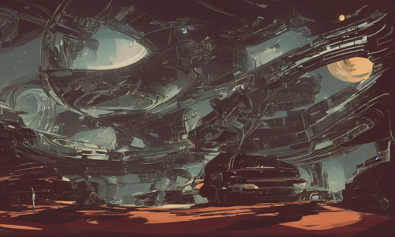 Image similar to Exploration of an ancient science-fiction alien world by Syd Mead, Federico Pelat