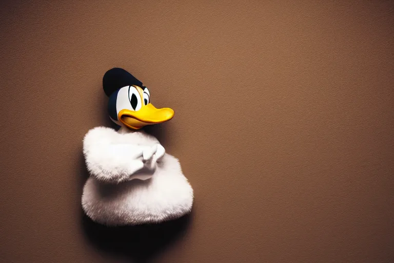 Prompt: donald duck hide incorner of dark room, smiling, dark, flash light, dream core, horror