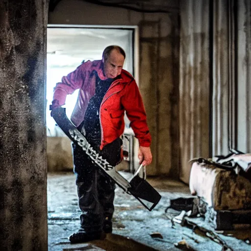 Image similar to putin with a chainsaw and a corpse. in a concrete bunker. focus on putins face with blood splatters. canon eos r 3, f / 1. 4, iso 1 6 0 0, 1 / 8 0 s, 8 k, raw, grainy