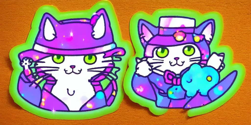 Prompt: a cat cowboy, puffy sticker, glitter sticker, kawaii by studio ghibli, by lisa frank 8 k pastel colours, neon colours, fluorescent colours,