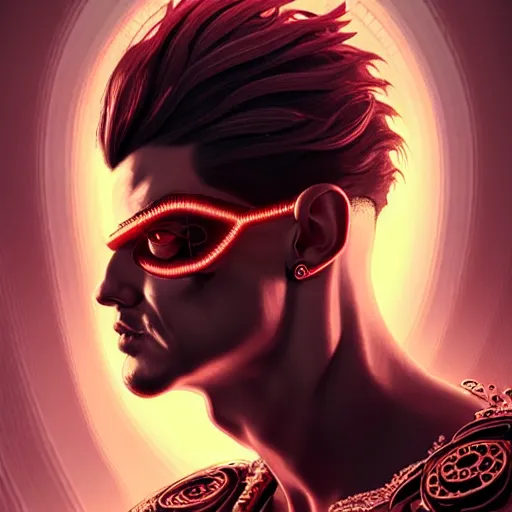 Image similar to man with extremely large and intricate haircut with angry red eyes and slim features looking askance, eye cyberpunk bionics, retro futurist style, intricate, elegant gleaming intricate baroque jewelry, angelic halo, highly detailed, digital painting, artstation, concept art, smooth, sharp focus, illustration, art by wlop, mars ravelo and greg rutkowski,