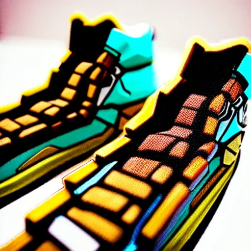 Image similar to realistic scultpure of sneaker! design, sneaker design overwatch fantasy style mixed with aztec mayan native street fashion, focus on sneakers only, shoes designed by akira toriyama and studio ghibli