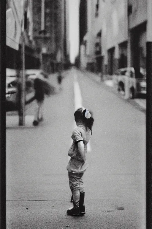 Image similar to photo polaroid of sad and lonely child in the middle of an empty street in a big city, photorealistic, 35mm film, black and white, polaroid,