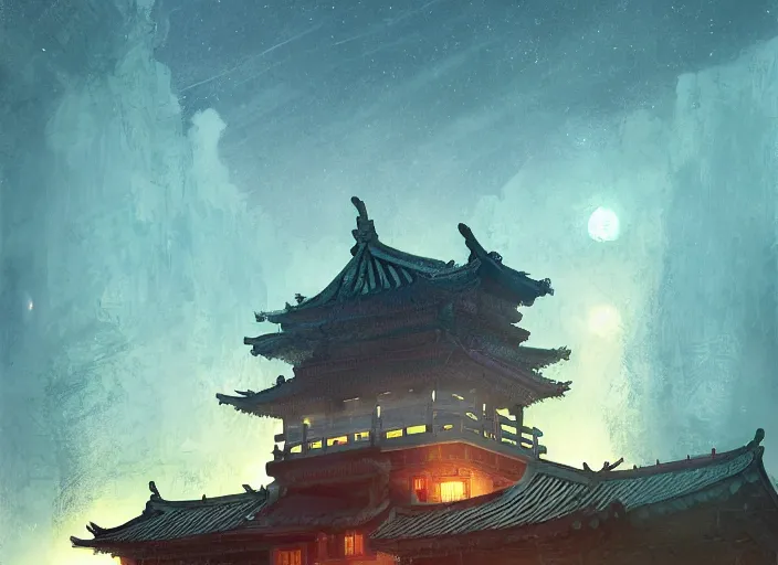 Prompt: a chinese prison at night lit by the stars, wispy smoke, highly detailed face, very intricate, symmetrical, cinematic lighting, award - winning, painted by mandy jurgens, by peter doig, dystopian, bold colors, dark vibes, featured on artstation