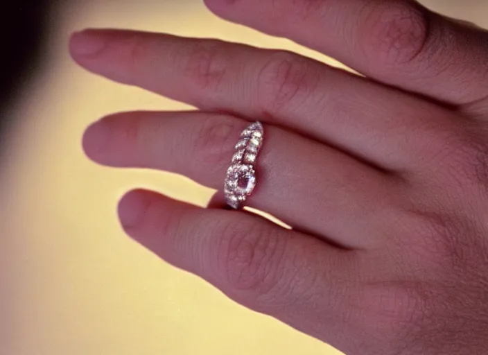 Image similar to a big glimmering dimond ring on a lady hand in the 8 0's. closeup. clouds in the background