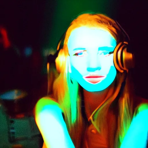 Image similar to A young, blonde-haired woman with soft facial features and blue eyes, 35mm photograph, neon lights in the background, DJing at coachella