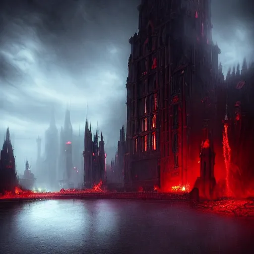 Image similar to beautiful fantasy city made from black stone and red iron, medieval city, metropolis, dark gorgeous clouds, black marble, lava, digital art, landscape, fantasy art, octane render, unreal engine, high detail, very realistic, horror, thick red fog, by greg rutkowski. by james gurney