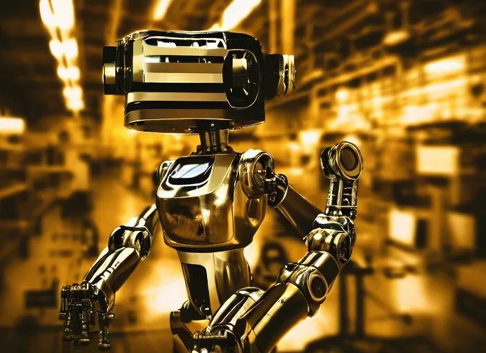 Image similar to a 3 5 mm photo of a robot in a factory, bokeh, canon 5 0 mm, cinematic lighting, film, photography, golden hour, depth of field, award - winning